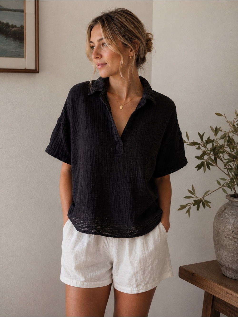 Michael Stars Black Short-Sleeve Gauze Button-Down Top